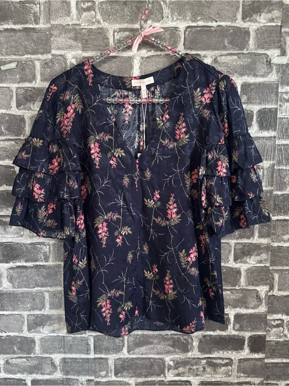 NWT Rebecca Taylor Tiered Ruffle Sleeve Silk Blend Blouse Blue Pink Floral shirt
